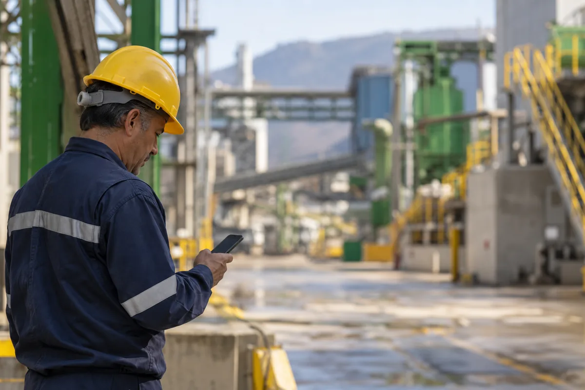 Imagen ilustrativa generada: Trabajador consultando su celular en una planta